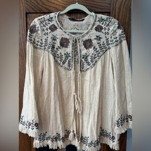 ZARA Embroidered Boho Peasant Top in Cream & Blue & Bronze